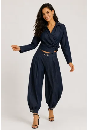 Kadın Lacivert Denim Görünümlü Kruvaze Bluz ve Şalvar Pantolon 2’li Takım