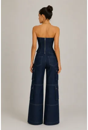 Kadın Lacivert Yüksek Bel Geniş Paça Kargo Cepli Jean Pantolon