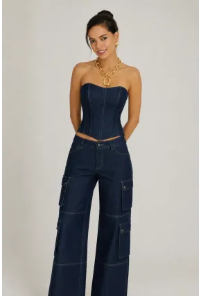Kadın Lacivert Yüksek Bel Geniş Paça Kargo Cepli Jean Pantolon