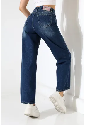 Kadın Orta Mavi Yüksek Bel Bol Paça Jean