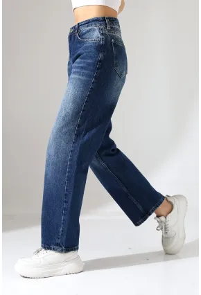 Kadın Orta Mavi Yüksek Bel Bol Paça Jean
