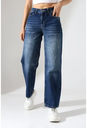 Kadın Orta Mavi Yüksek Bel Bol Paça Jean