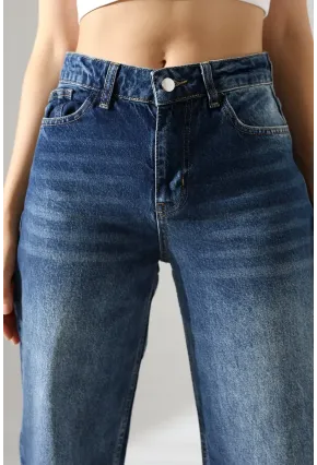 Kadın Orta Mavi Yüksek Bel Bol Paça Jean