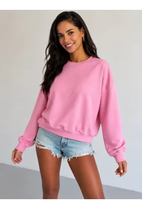 Kadın Pembe Bisiklet Yaka Oversize Uzun Kollu Basic Sweatshirt