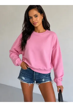 Kadın Pembe Bisiklet Yaka Oversize Uzun Kollu Basic Sweatshirt