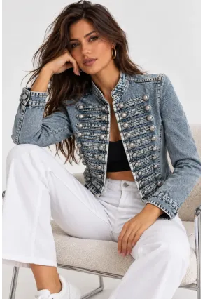Kadın Premium Metal Düğme Detaylı Crop Denim Ceket