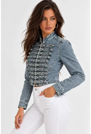 Kadın Premium Metal Düğme Detaylı Crop Denim Ceket