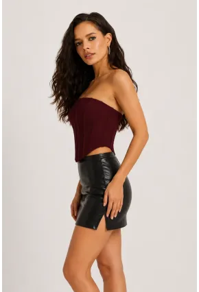 Kadın Şık Korse Crop Top - Straplez Düğmeli Büstiyer Bordo