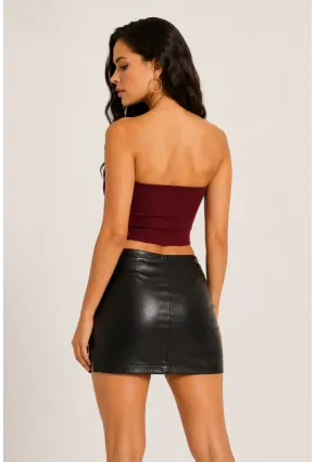 Kadın Şık Korse Crop Top - Straplez Düğmeli Büstiyer Bordo