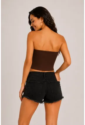 Kadın Şık Korse Crop Top - Straplez Düğmeli Büstiyer Kahve