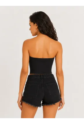 Kadın Şık Korse Crop Top - Straplez Düğmeli Büstiyer Siyah