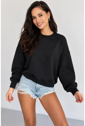 Kadın Siyah Bisiklet Yaka Oversize Uzun Kollu Basic Sweatshirt