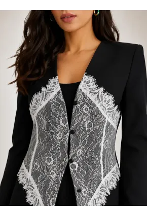 Kadın Siyah Dantel Detaylı Tasarım Blazer Ceket