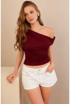 Kadın Bordo Degaje Yaka Büzgülü Bluz