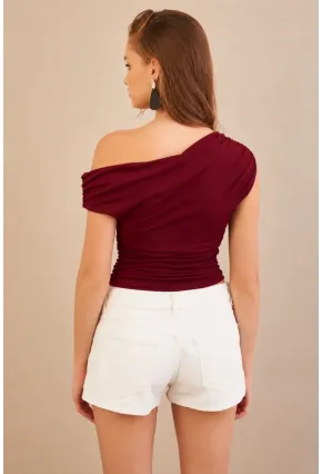 Kadın Bordo Degaje Yaka Büzgülü Bluz