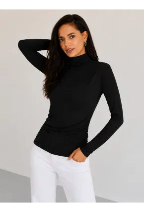 Kadın Siyah Drapeli Boğazlı Uzun Kollu Esnek Fit Bluz