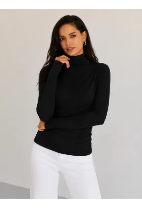 Kadın Siyah Drapeli Boğazlı Uzun Kollu Esnek Fit Bluz