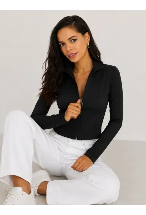 Kadın Siyah Fermuarlı Dik Yaka Uzun Kollu Esnek Fit Crop Üst