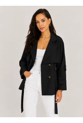 Kadın Siyah Kuşaklı Trenç Ceket – Düğmeli Mevsimlik Oversize Model