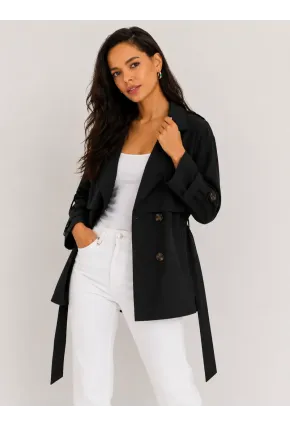 Kadın Siyah Kuşaklı Trenç Ceket – Düğmeli Mevsimlik Oversize Model