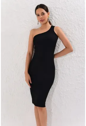 Kadın Siyah Tek Omuz Kaşkorse Elbise