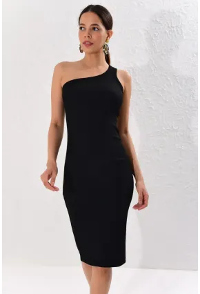 Kadın Siyah Tek Omuz Kaşkorse Elbise