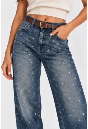 Kadın Taş Detaylı Yüksek Bel Wide Leg Jean Pantolon