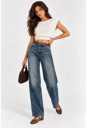 Kadın Taş Detaylı Yüksek Bel Wide Leg Jean Pantolon