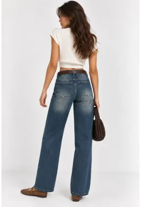 Kadın Taş Detaylı Yüksek Bel Wide Leg Jean Pantolon