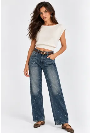 Kadın Taş Detaylı Yüksek Bel Wide Leg Jean Pantolon