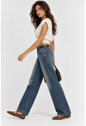 Kadın Taş Detaylı Yüksek Bel Wide Leg Jean Pantolon