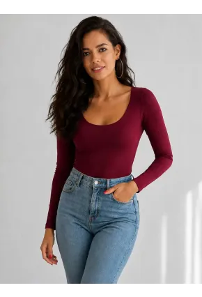 Kadın U Yaka Uzun Kollu Esnek Basic Bluz – Bordo