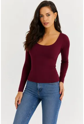 Kadın U Yaka Uzun Kollu Esnek Basic Bluz – Bordo
