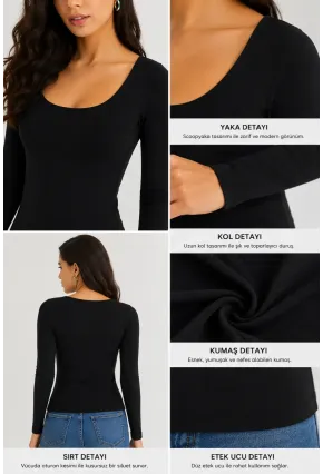 Kadın U Yaka Uzun Kollu Esnek Basic Bluz – Siyah