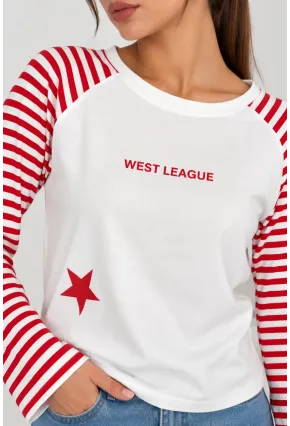 Kadın West League Baskılı Yıldız Detaylı Çizgili Kollu Bisiklet Yaka Uzun Kollu Bluz