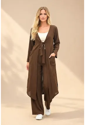Kahve Bağlamalı Kimono Keten Takım