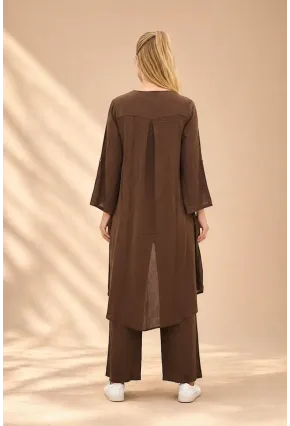 Kahve Bağlamalı Kimono Keten Takım
