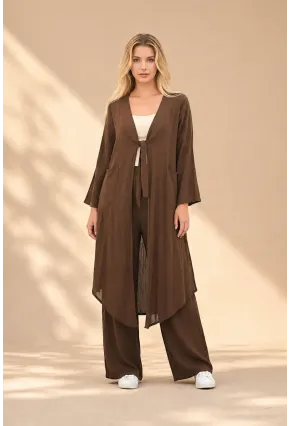 Kahve Bağlamalı Kimono Keten Takım