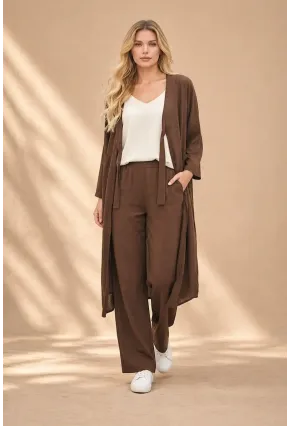 Kahve Bağlamalı Kimono Keten Takım
