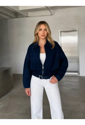 Kemer Detaylı Oversize Denim Ceket – Lacivert