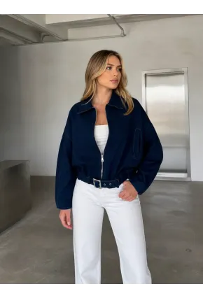 Kemer Detaylı Oversize Denim Ceket – Lacivert