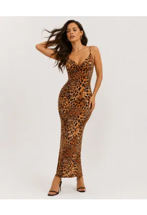 Leopar Desenli Saten Maxi Elbise