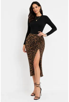 Leopar Desenli Yırtmaçlı Midi Etek Kombini