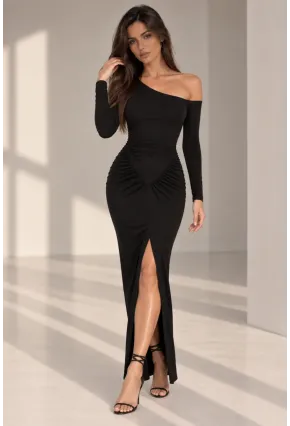 Likralı Kumaş Drape Detaylı Yırtmaçlı Dekolteli Uzun Elbise