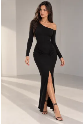 Likralı Kumaş Drape Detaylı Yırtmaçlı Dekolteli Uzun Elbise