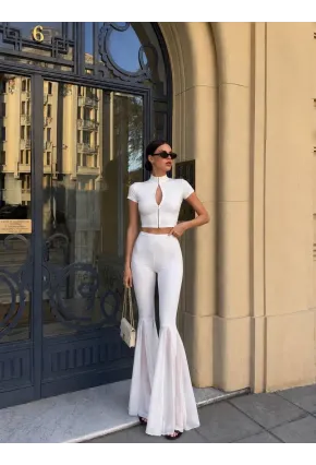 Likralı Modal Kumaş Crop Bluz Pantalon Takım Beyaz