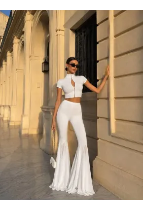 Likralı Modal Kumaş Crop Bluz Pantalon Takım Beyaz