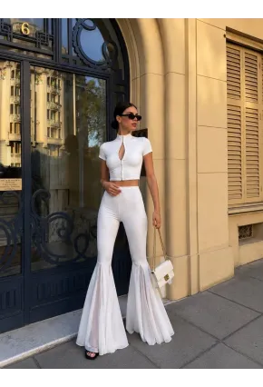 Likralı Modal Kumaş Crop Bluz Pantalon Takım Beyaz