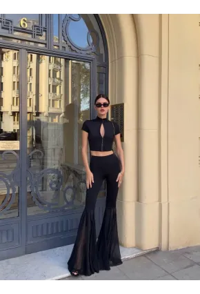 Likralı Modal Kumaş Crop Bluz Pantalon Takım Siyah