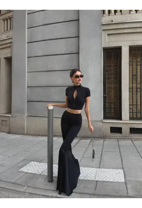 Likralı Modal Kumaş Crop Bluz Pantalon Takım Siyah